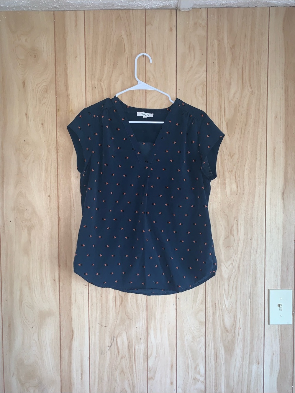 Navy Printed V-Neck Short Sleeve Blouse